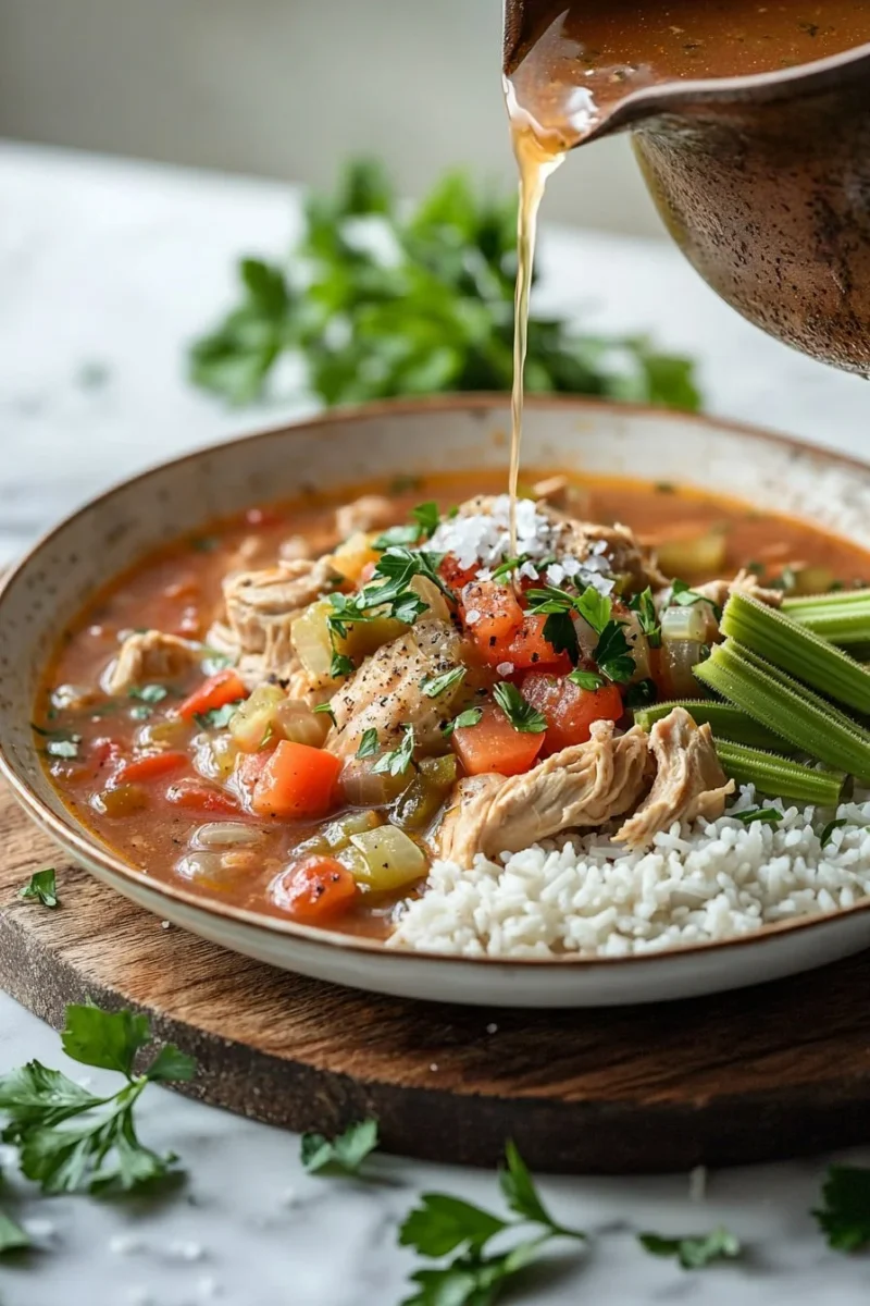 A bowl of hearty Creole Chicken Soup, filled with spices and fresh vegetables.