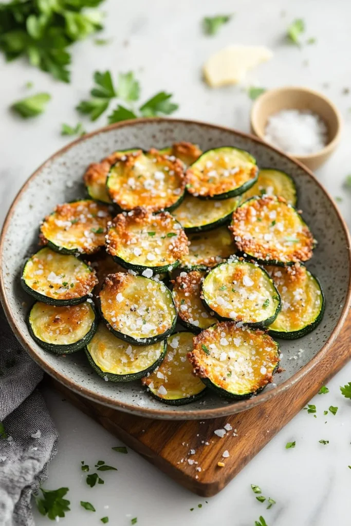 Crispy baked zucchini chips on a plate, a healthy oven-baked snack.