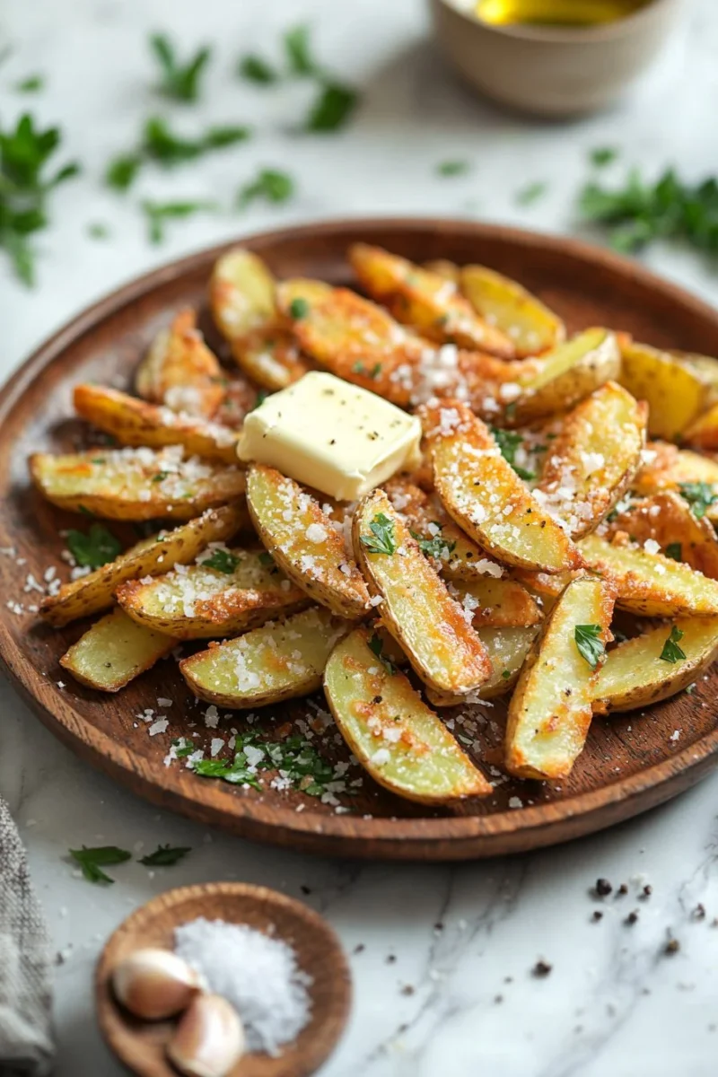 Crispy garlic butter fries with Parmesan seasoning served on a plate