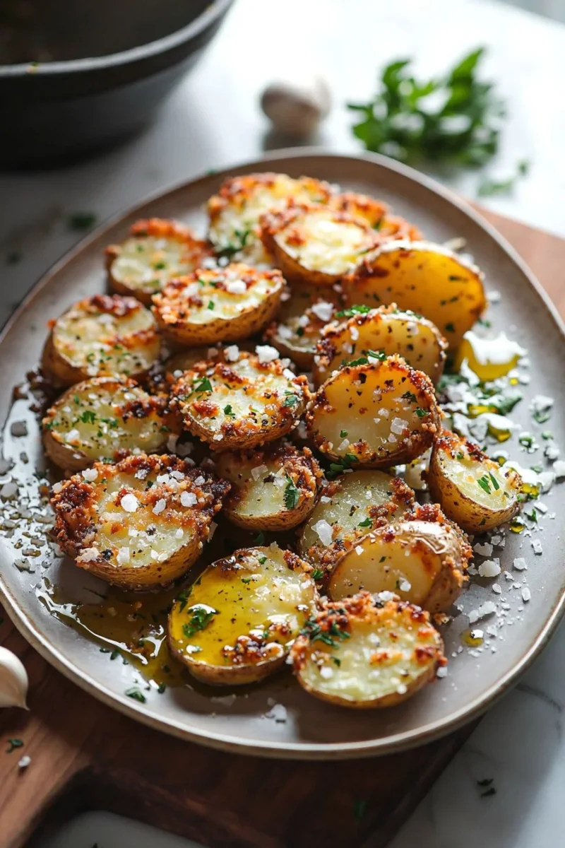Delicious Crispy Garlic Parmesan Potatoes on a plate, garnished with herbs.