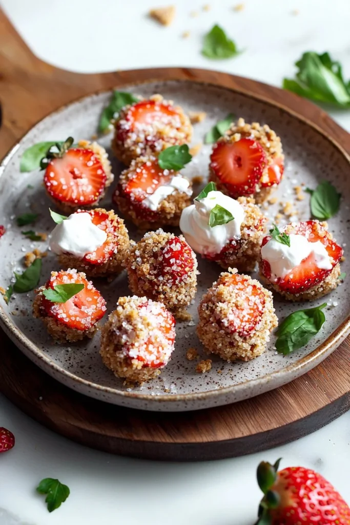 Crispy strawberry cheesecake bites plated and ready to enjoy