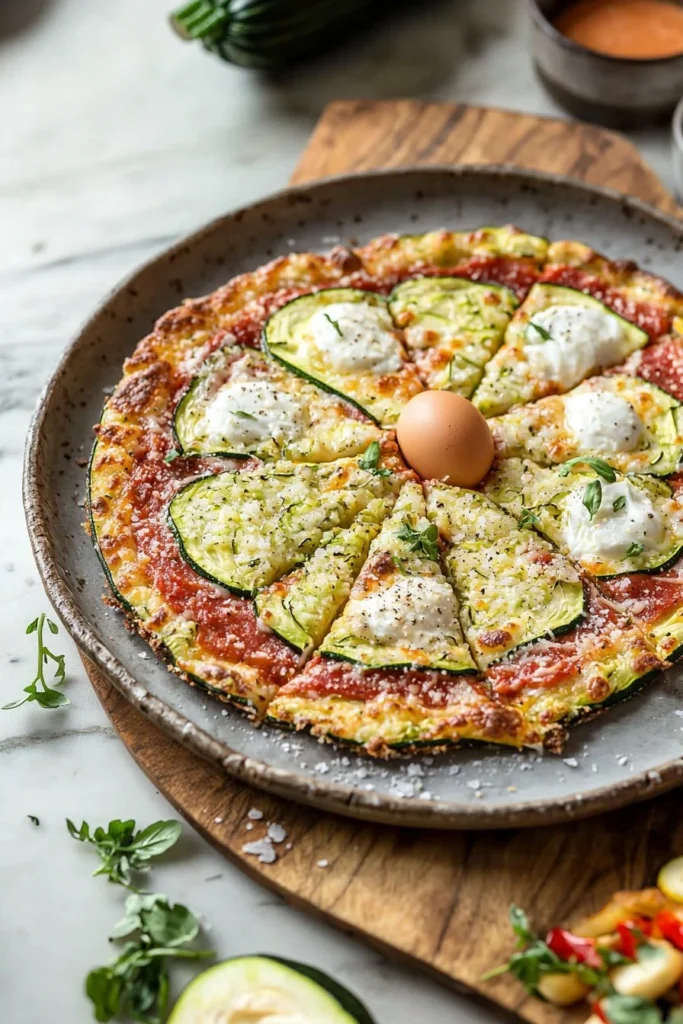 Crispy zucchini crust pizza topped with fresh vegetables and cheese