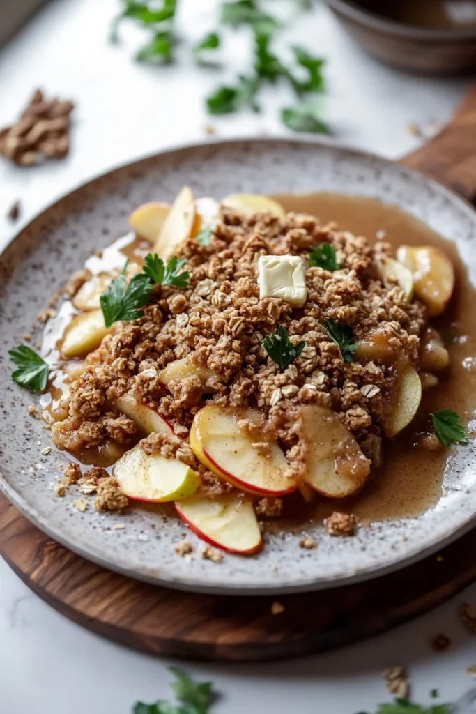 Crock pot apple crisp dessert with caramelized apples and crispy topping