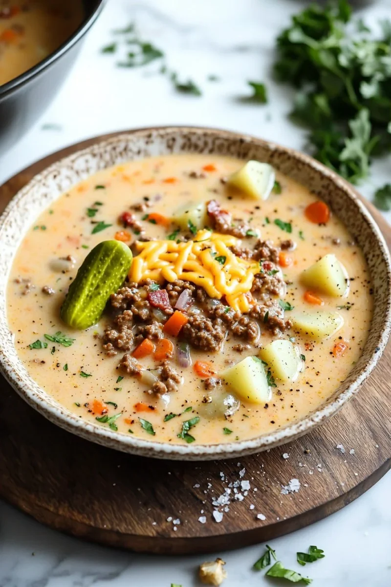 Crock Pot Cheeseburger Soup in a bowl, garnished with cheese and herbs