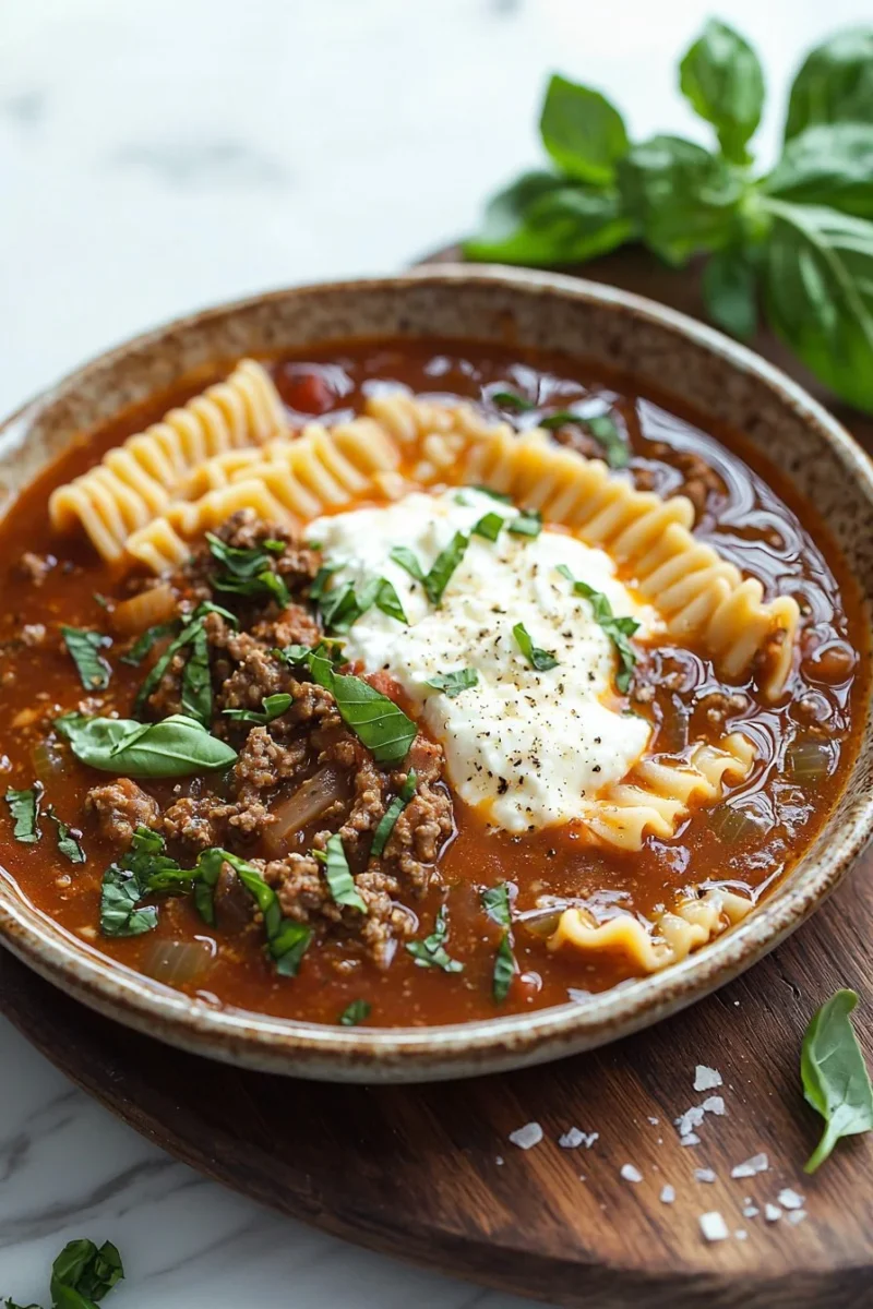 Delicious bowl of creamy Crock Pot Cheesy Lasagna Soup topped with cheese and herbs.