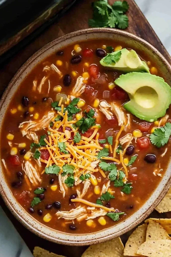 Crock Pot Chicken Tortilla Soup in a bowl, garnished with tortilla strips and cilantro.