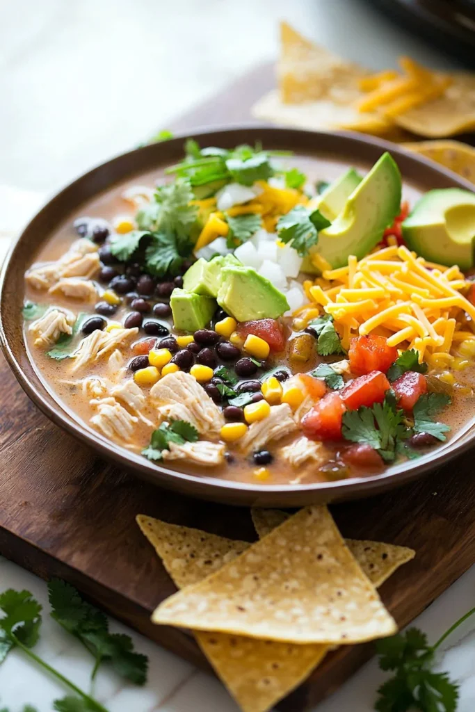 Delicious Crock Pot Chicken Tortilla Soup served with toppings