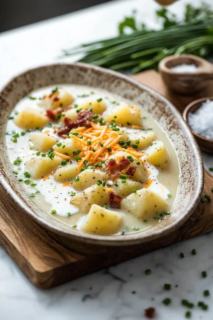 Crock Pot potato soup in a bowl topped with herbs and cheese