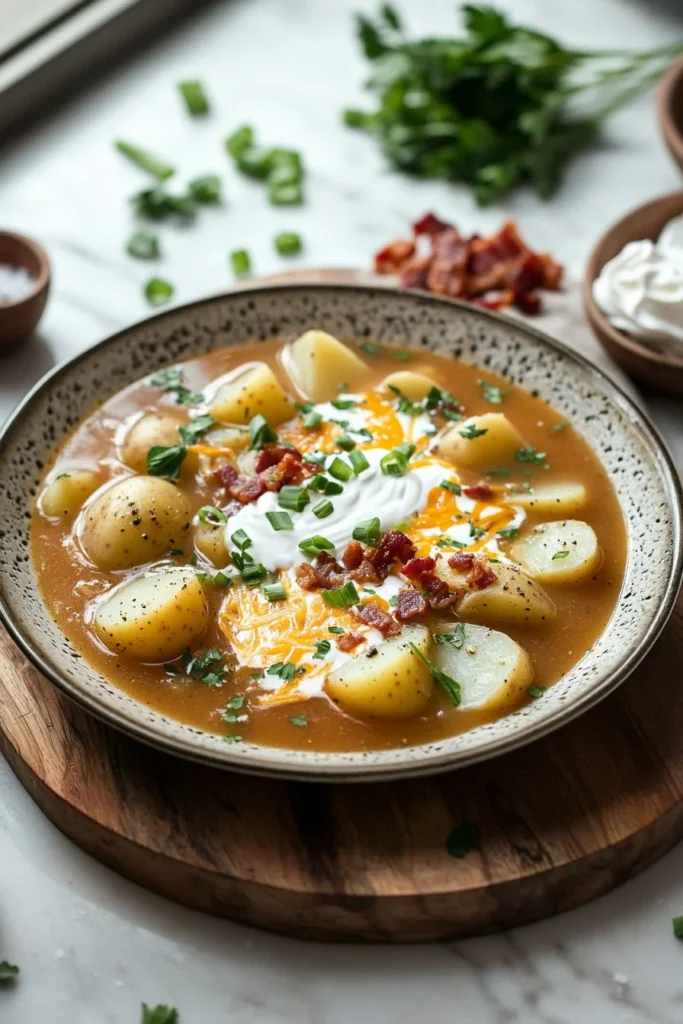 Delicious bowl of Crock Pot potato soup garnished with herbs