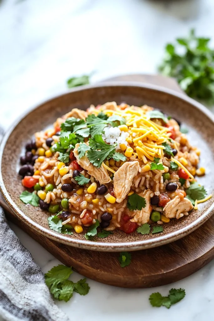 Crock Pot Southwest Chicken and Rice dish served with colorful vegetables and spices