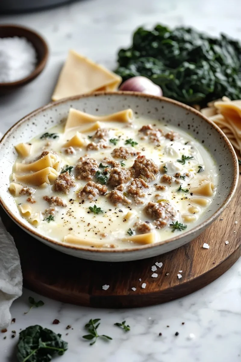 Bowl of delicious Crock Pot White Lasagna Soup with melted cheese and fresh herbs.