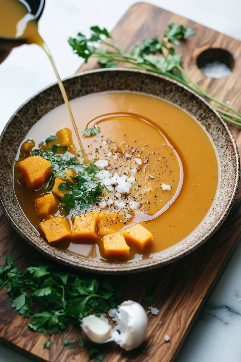 A bowl of creamy crockpot butternut squash soup garnished with herbs.