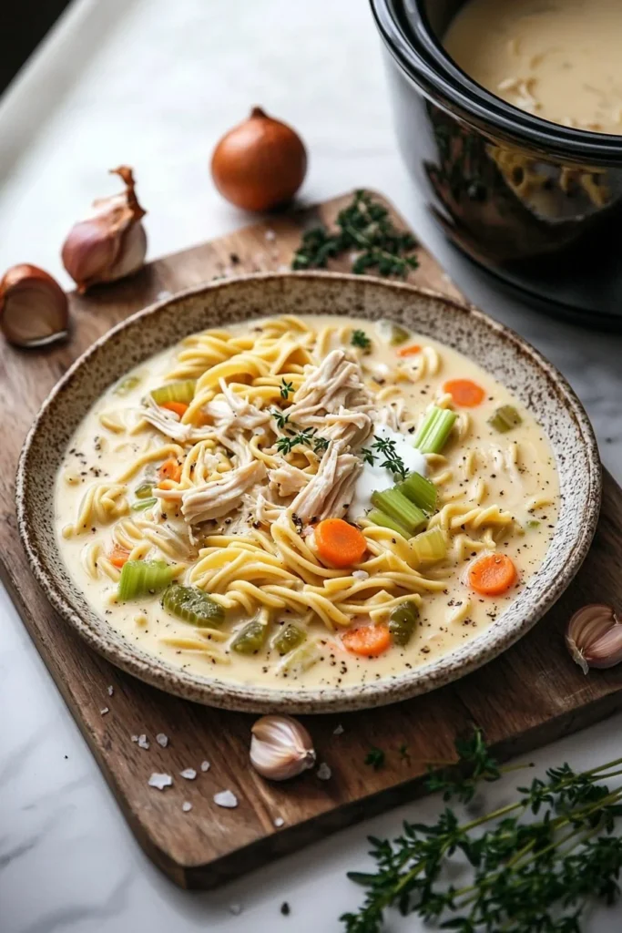 Bowl of Crockpot Creamy Chicken Noodle Soup with fresh herbs and noodles