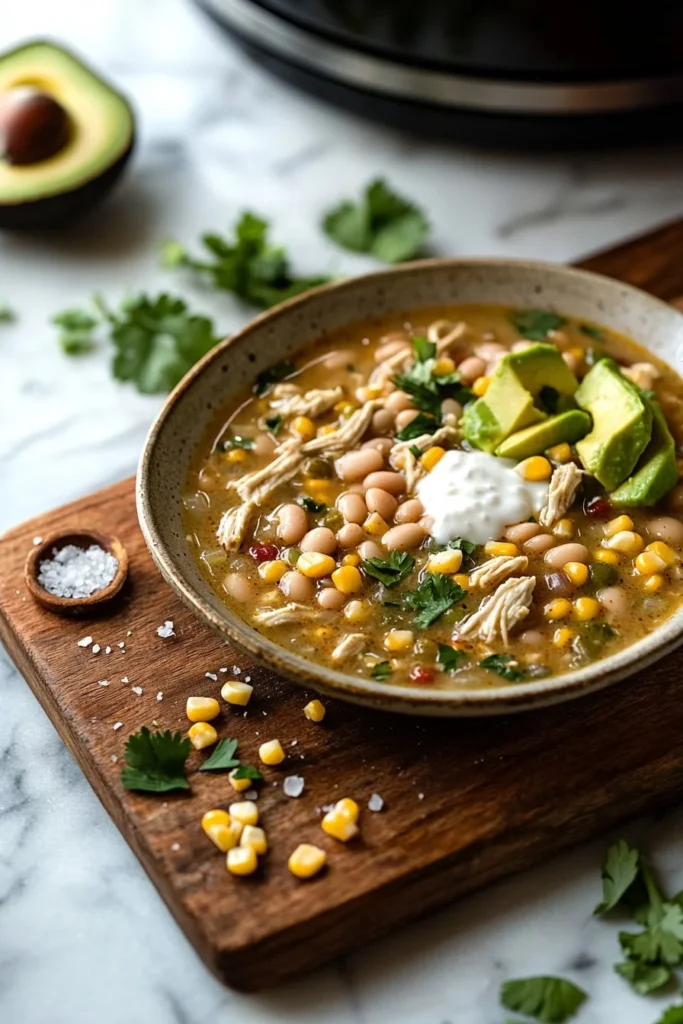 Bowl of Crockpot Healthy White Chicken Chili topped with cilantro and lime.