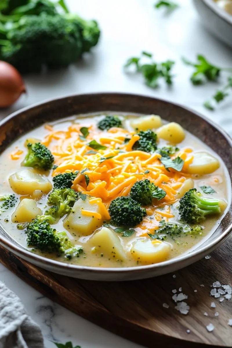 Bowl of delicious Crockpot Potato Broccoli Cheddar Soup topped with cheese and herbs.