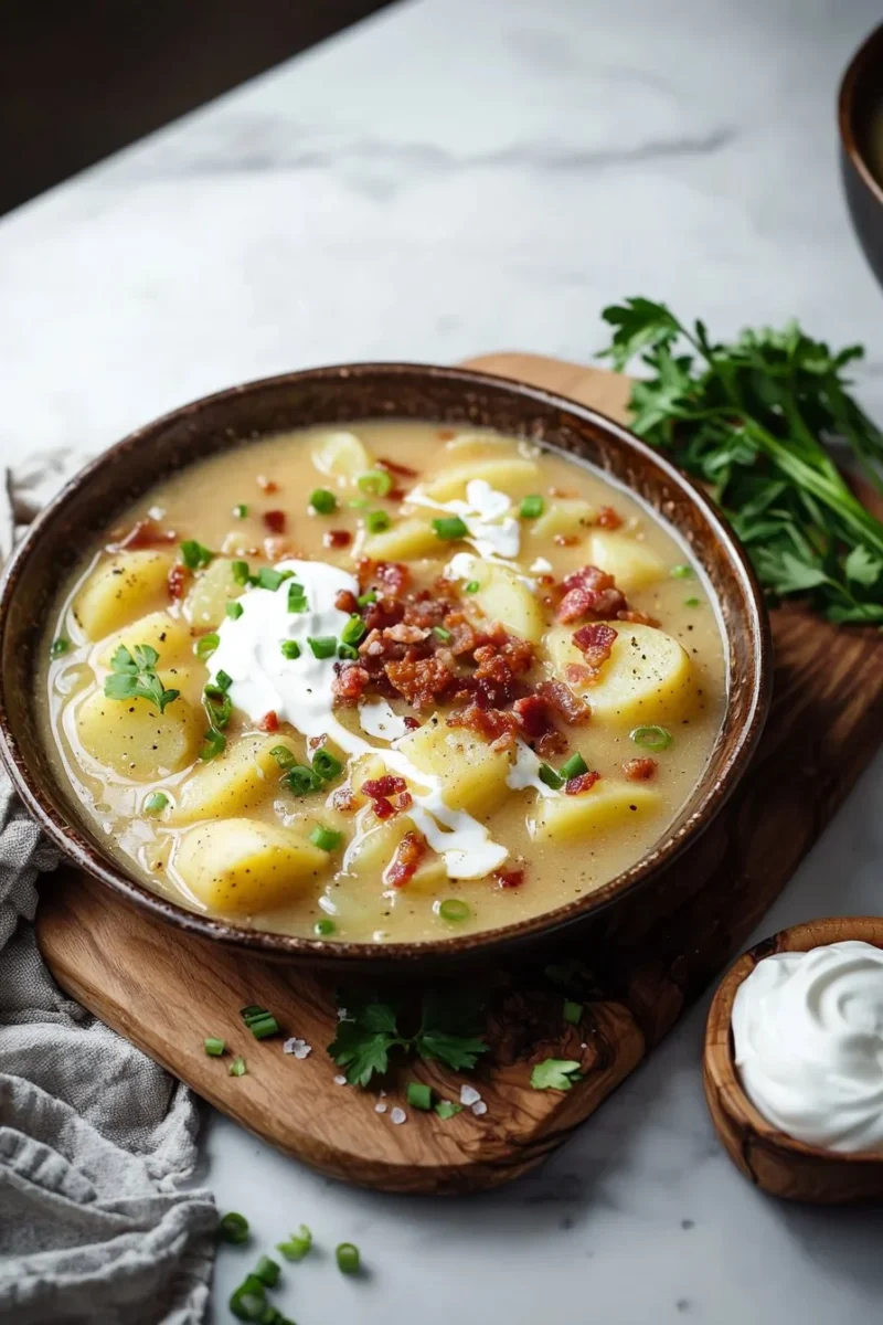 Delicious bowl of crockpot potato soup garnished with herbs
