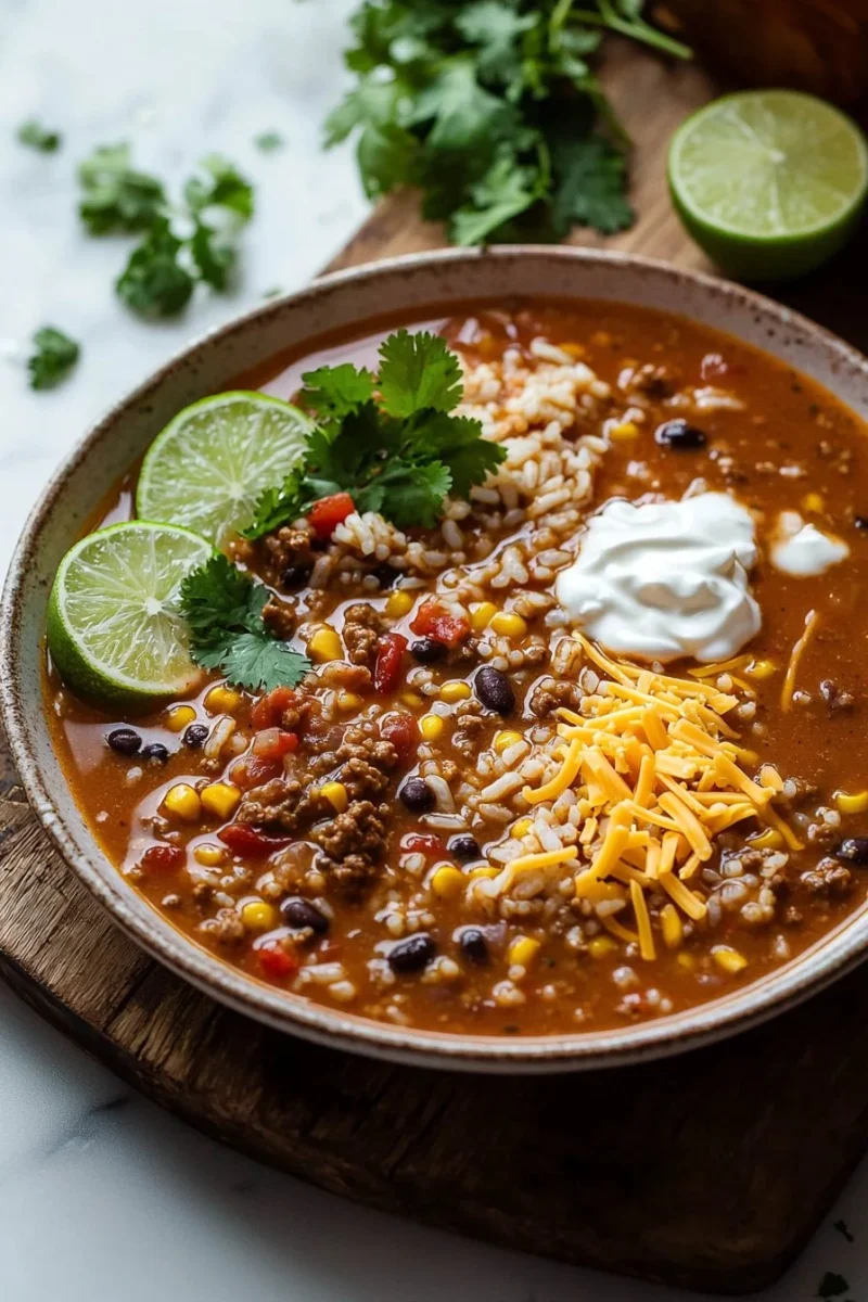 Bowl of hearty Crockpot Taco Rice Soup garnished with cheese and cilantro