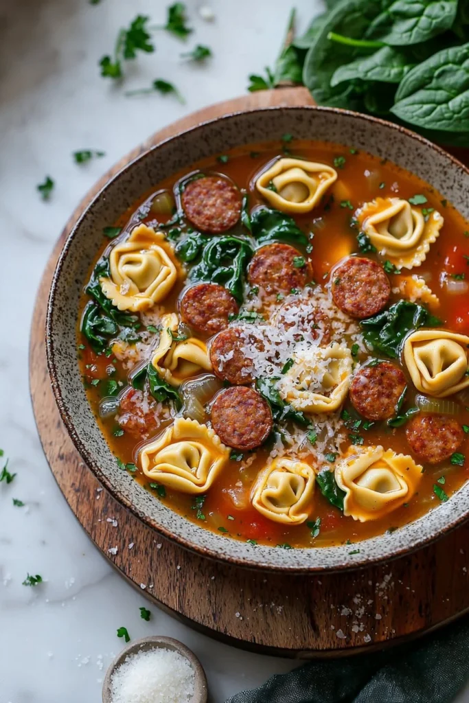 Crockpot Tortellini Soup with Sausage served in a bowl garnished with herbs