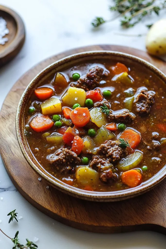 Crockpot Vegetable Beef Soup in a bowl with fresh vegetables and tender beef.
