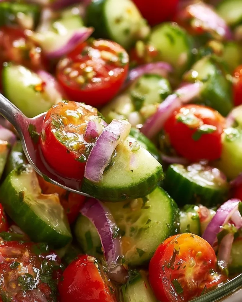Fresh Cucumber Tomato Salad with herbs and dressing in a bowl.