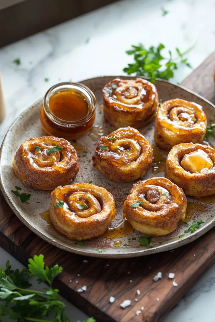 Delicious cinnamon roll French toast bites served with syrup and berries