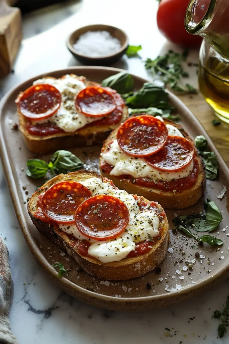 Delicious homemade pizza toast topped with cheese and fresh ingredients