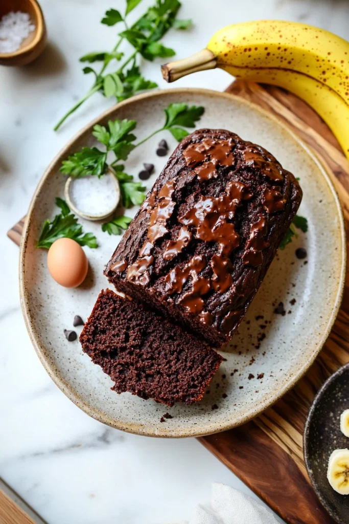 A slice of double chocolate banana bread topped with chocolate chips and bananas