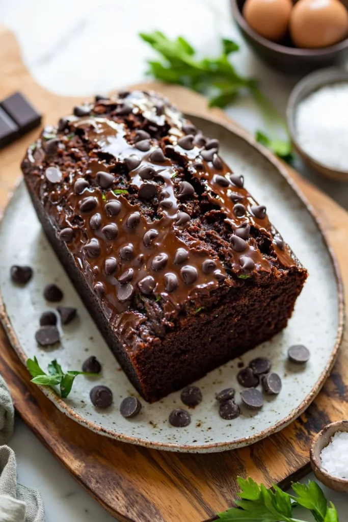 Sliced double chocolate zucchini bread on a wooden cutting board