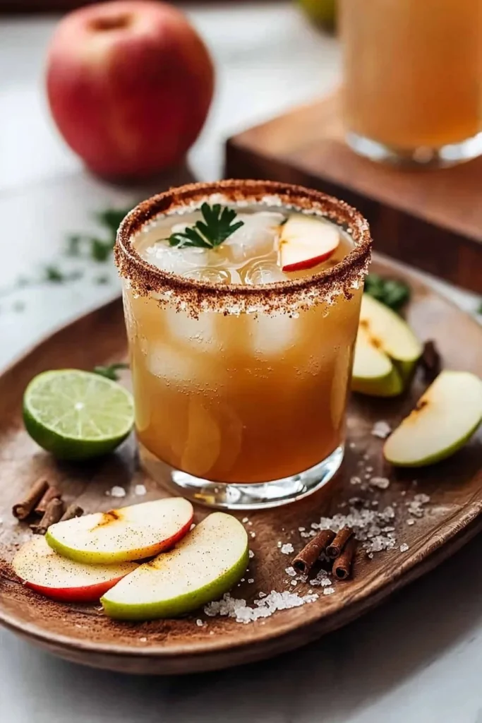 Easy apple cider margarita served in a glass with apples and cinnamon garnish