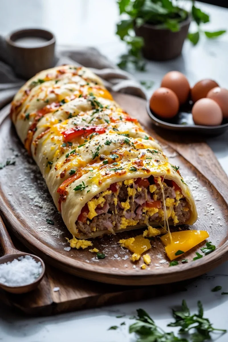 Easy Breakfast Stromboli filled with eggs, cheese, and ham ready to enjoy.