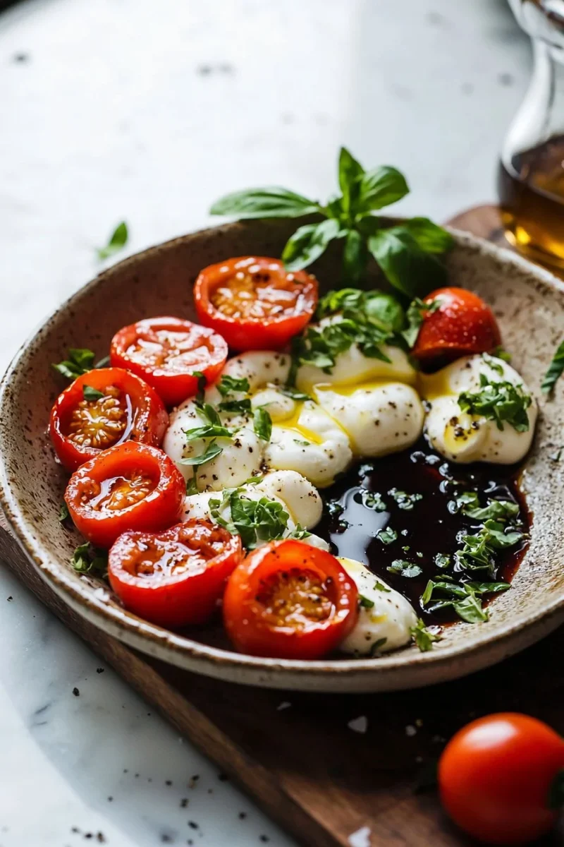 Bowl of easy Caprese Dip made with tomatoes, mozzarella, and basil