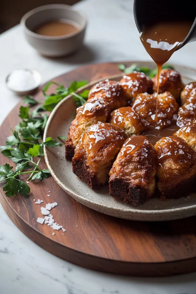 Delicious cinnamon monkey bread topped with a gooey caramel glaze