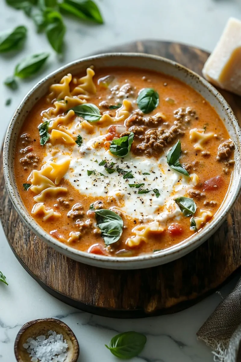 Bowl of creamy lasagna soup topped with cheese and herbs