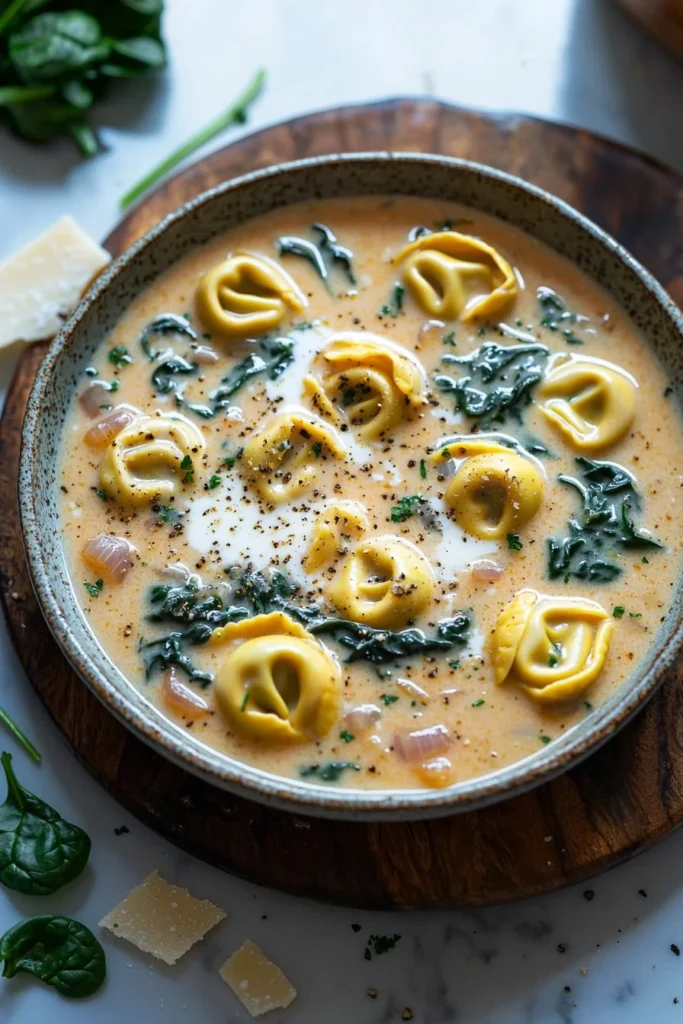 Bowl of easy creamy tortellini soup with fresh herbs and cheese
