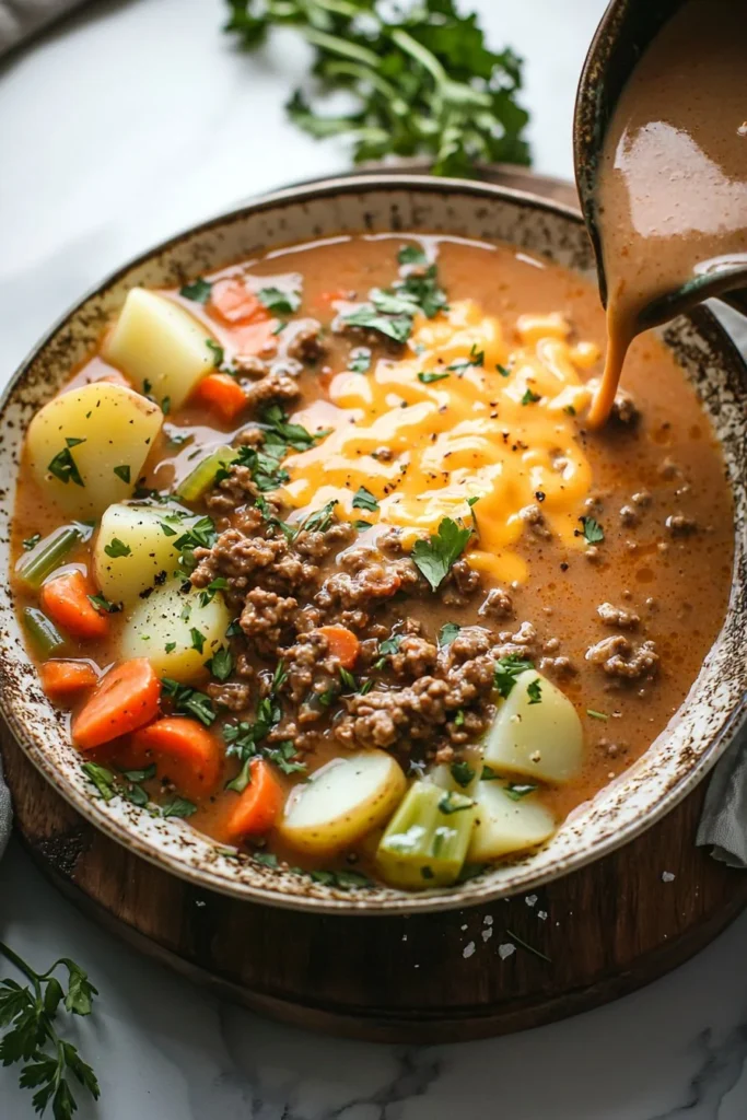 Bowl of easy Crockpot Cheeseburger Soup with cheese and toppings
