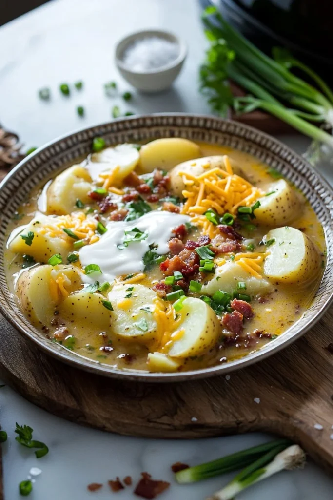 Bowl of easy crockpot potato soup topped with herbs and served with bread