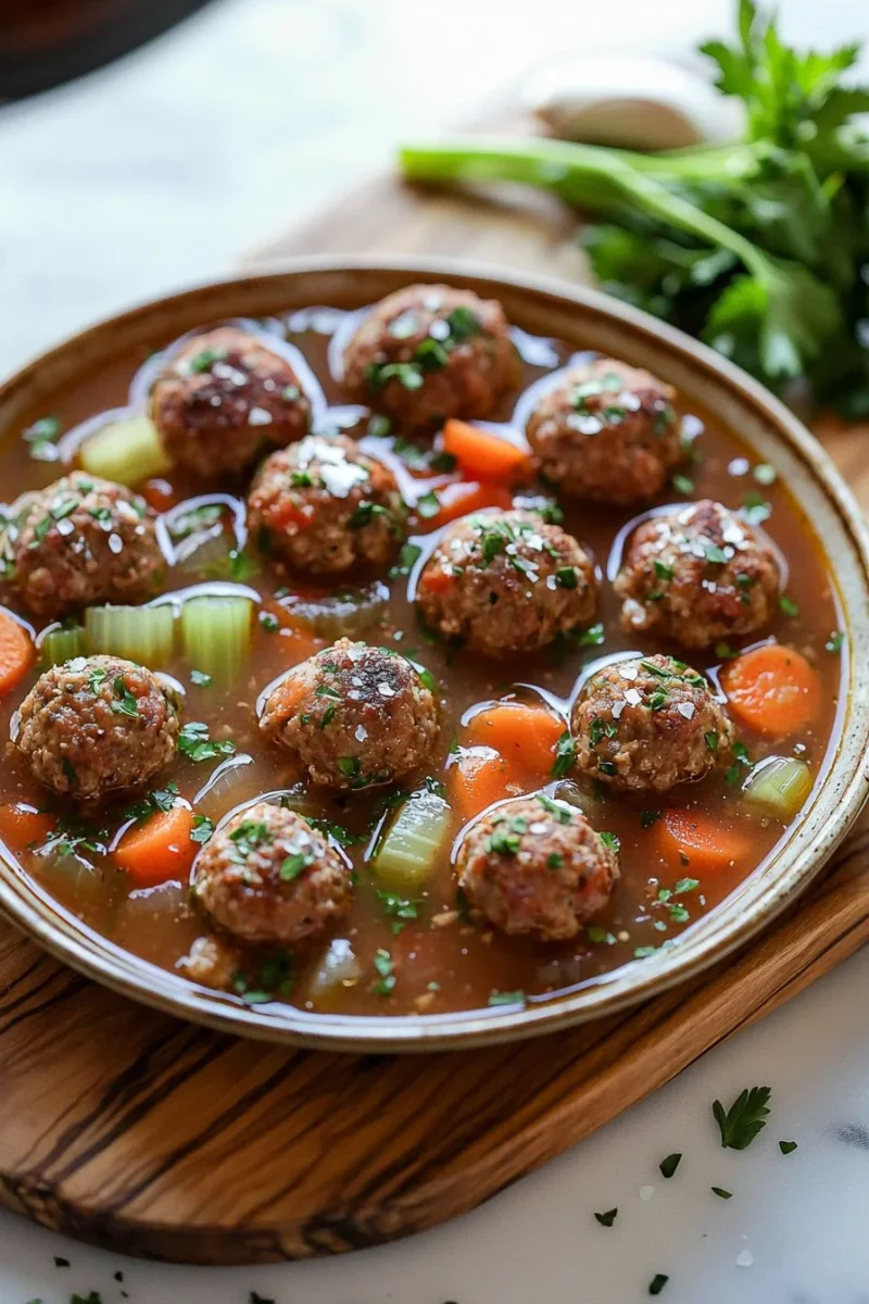 Bowl of delicious easy fall crockpot meatball soup with vegetables