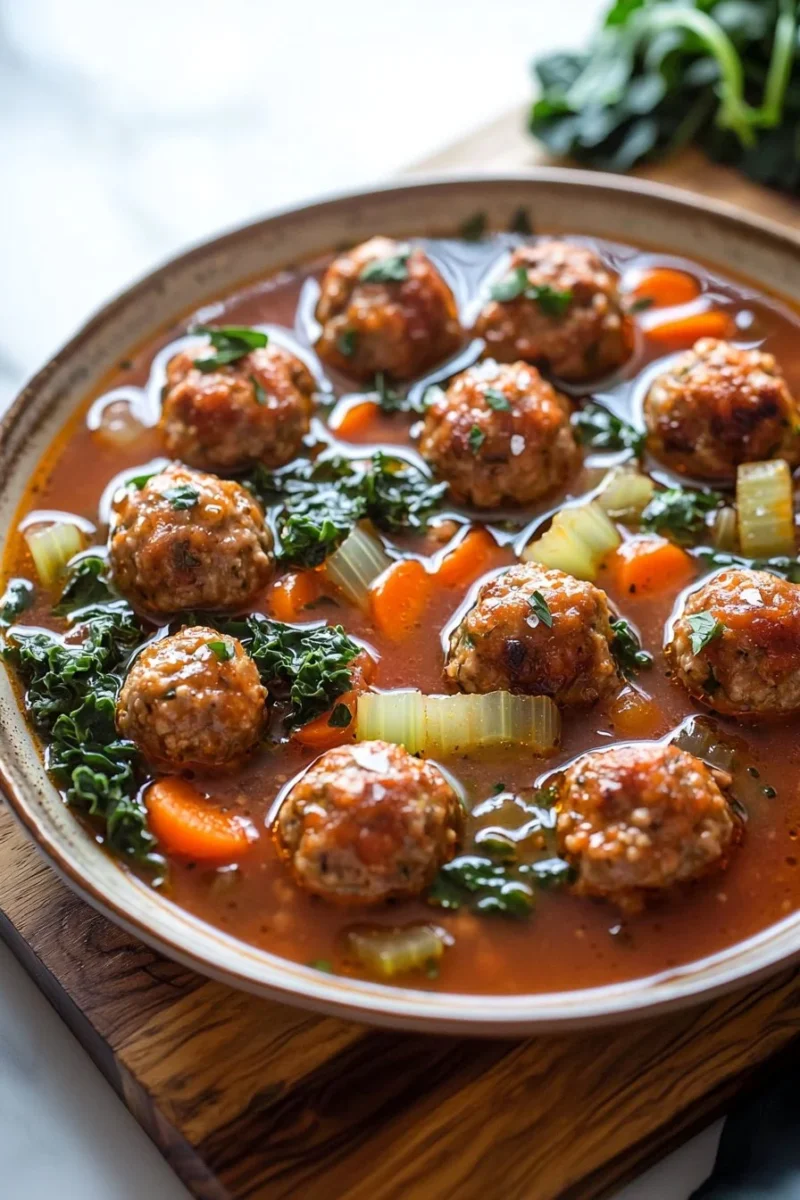 Bowl of easy fall Crockpot Meatball Soup with fresh herbs and vegetables