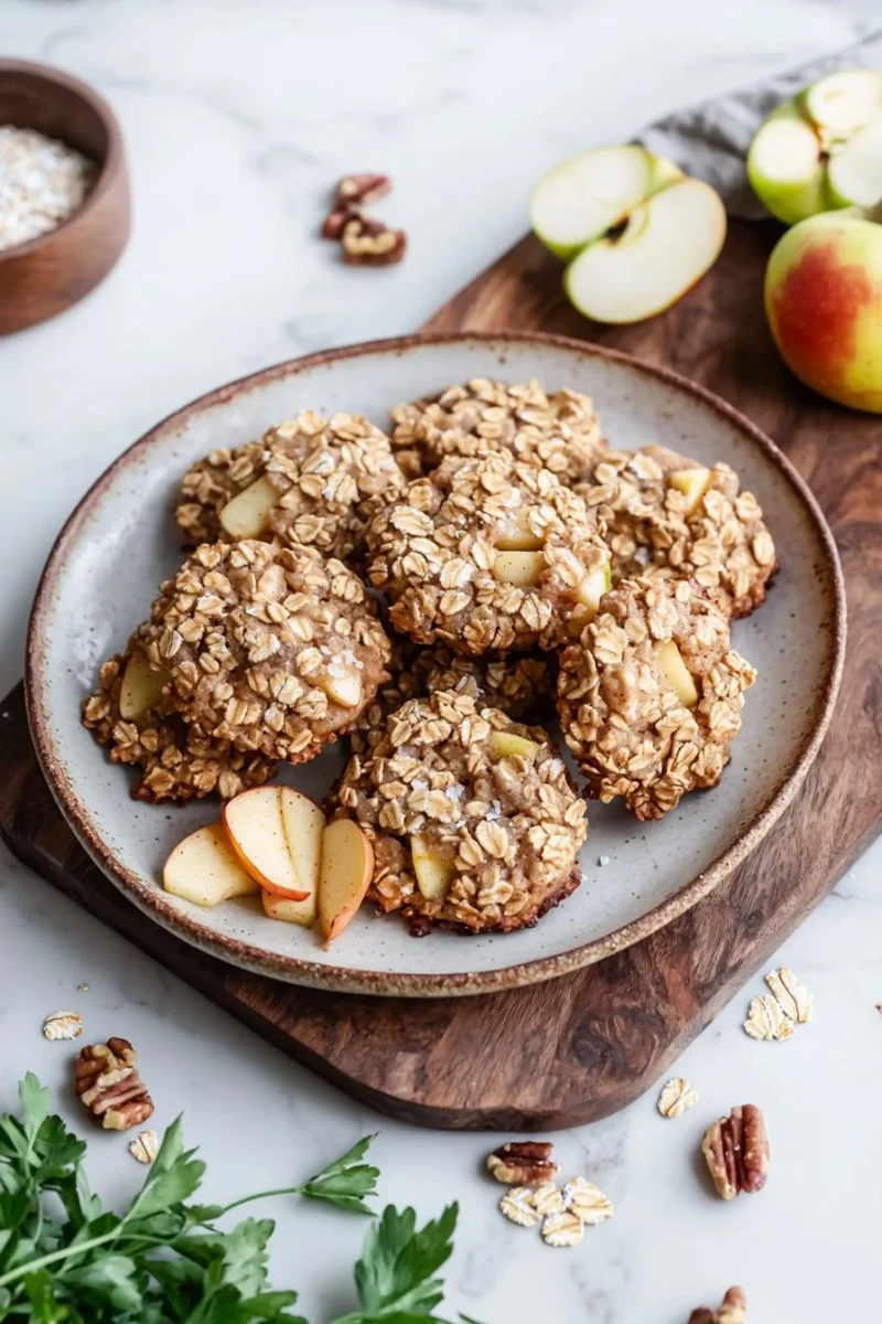 A plate of homemade apple pie oatmeal cookies with a sprinkle of cinnamon.