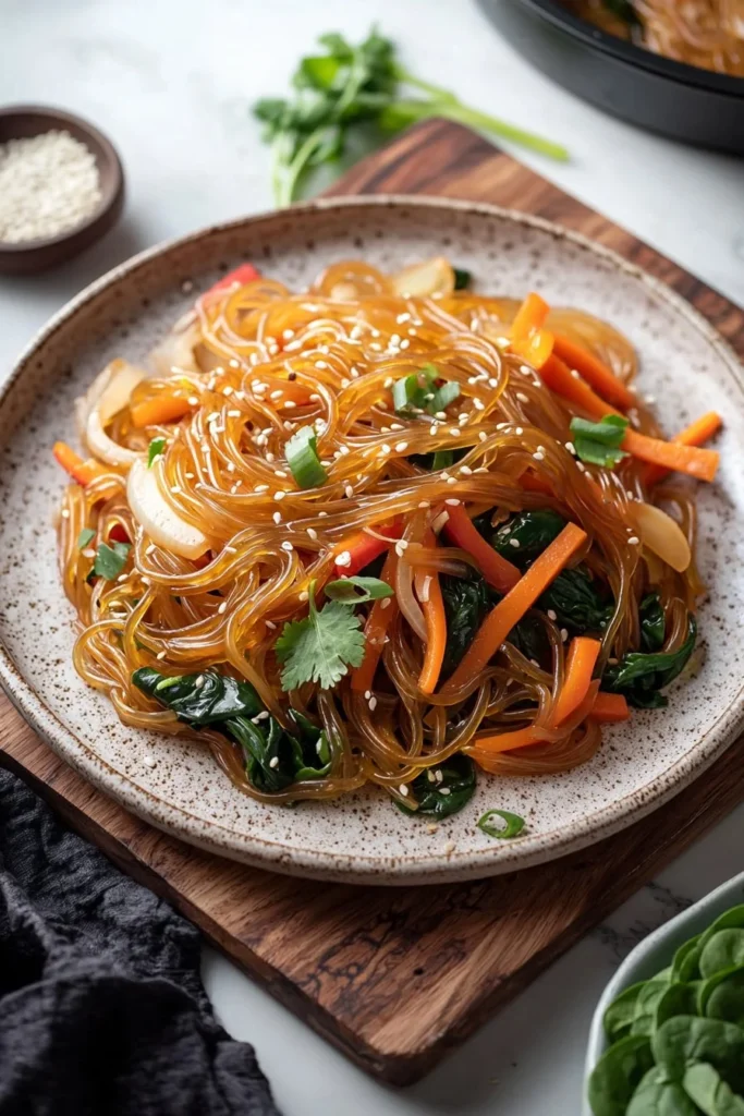 Easy Japchae dish made with Korean glass noodles and colorful vegetables
