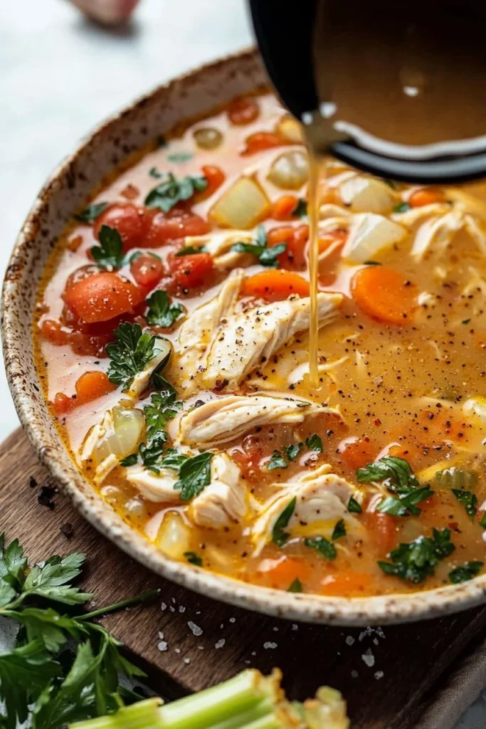 Bowl of Easy Marry Me Chicken Soup garnished with herbs