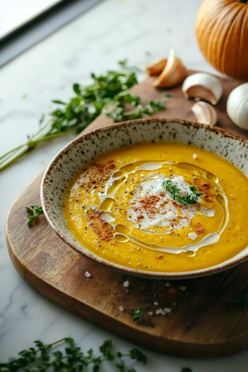 Bowl of easy pumpkin soup garnished with herbs and cream