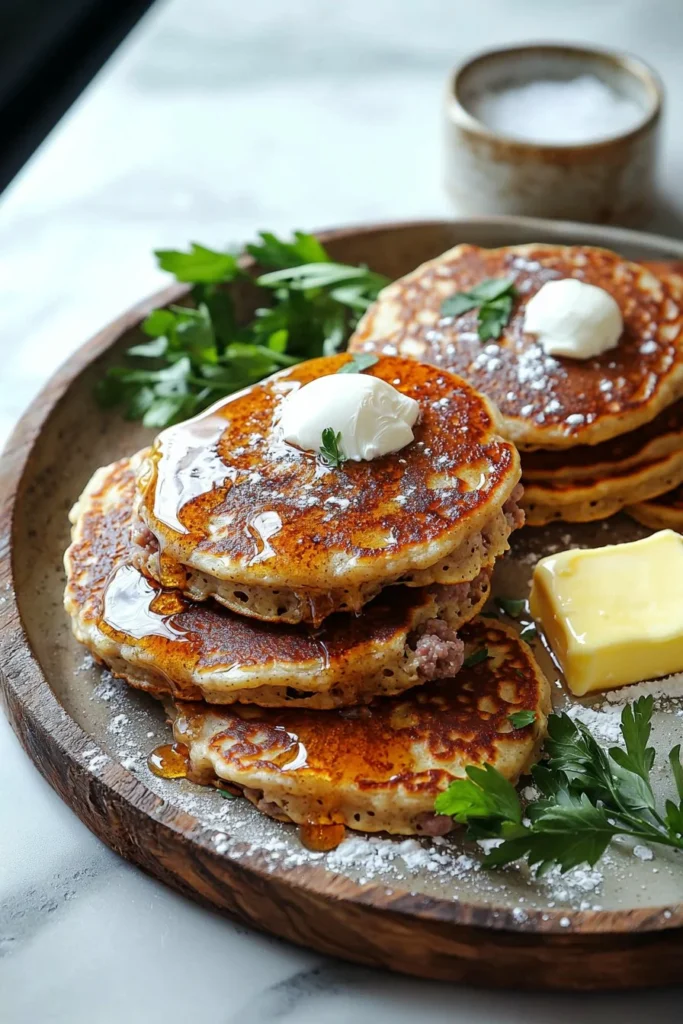 Delicious and fluffy easy sausage pancakes served with syrup and butter.