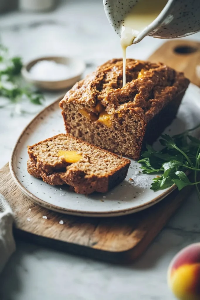 Deliciously spiced peach bread, freshly baked and sliced for serving.