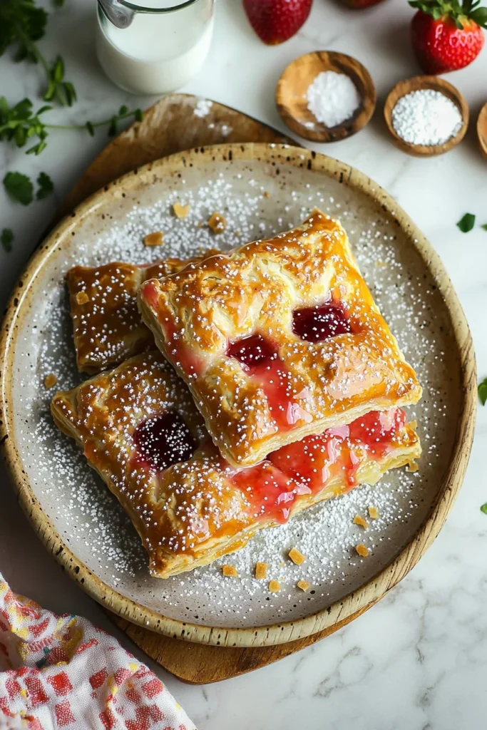 Homemade easy strawberry pop-tarts with icing and fresh strawberries on a plate.