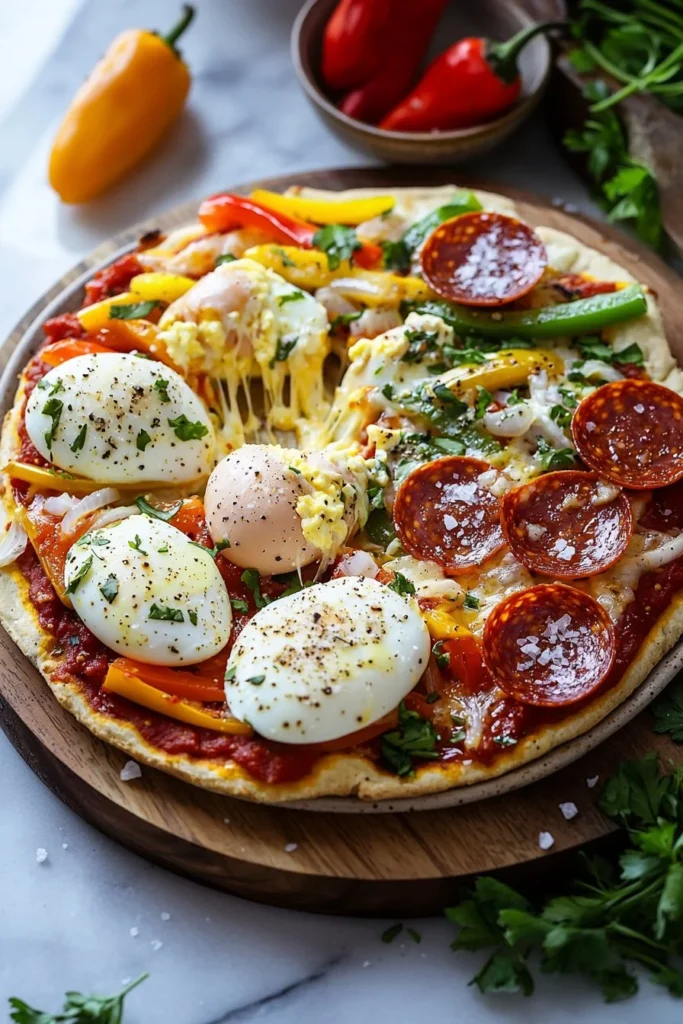 Delicious English muffin breakfast pizza topped with cheese and vegetables