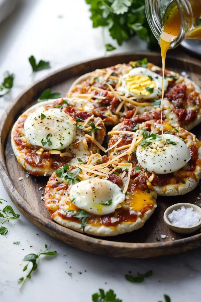 Delicious English Muffin Breakfast Pizza topped with eggs, cheese, and veggies.