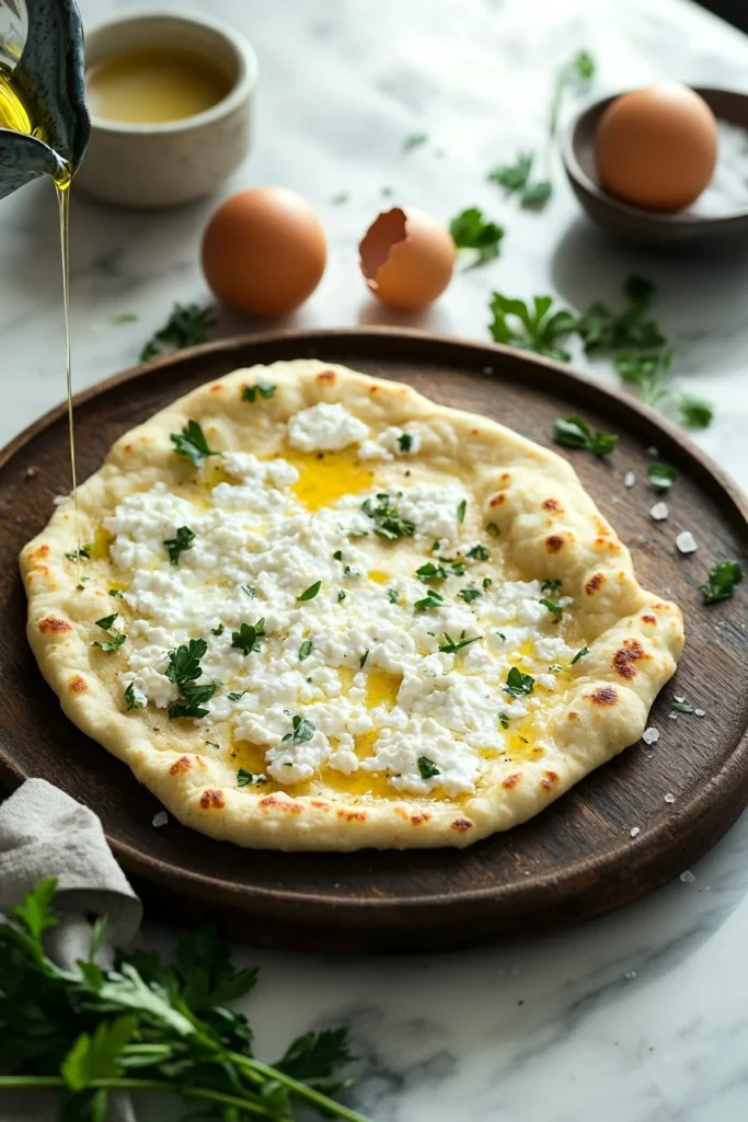 Fluffy cottage cheese flatbread served with fresh herbs and toppings.