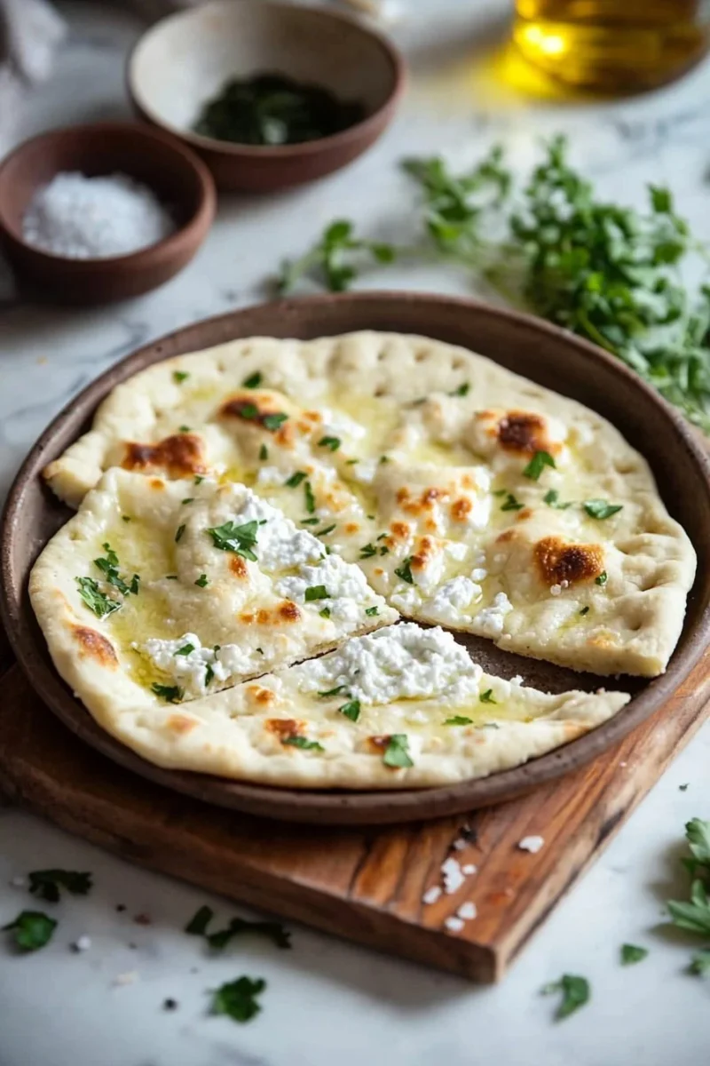Fluffy cottage cheese flatbread served on a rustic wooden table, garnished with herbs.