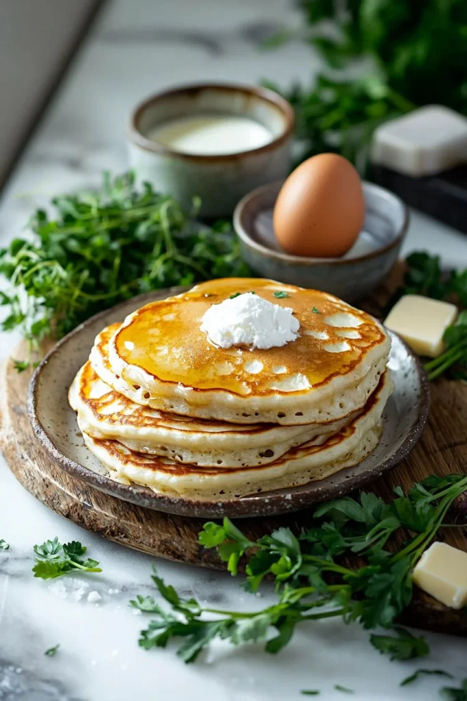 A stack of fluffy pancakes topped with fresh berries and syrup.